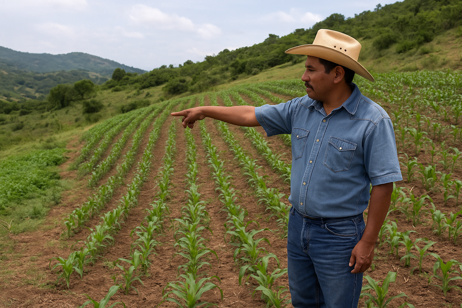 Productor selecciona un terreno de ladera limpio y preparado para establecer un sistema MIAF, sin desmontes forestales y con cultivos agrícolas en desarrollo. (Foto: Open AI, ChatGPT)