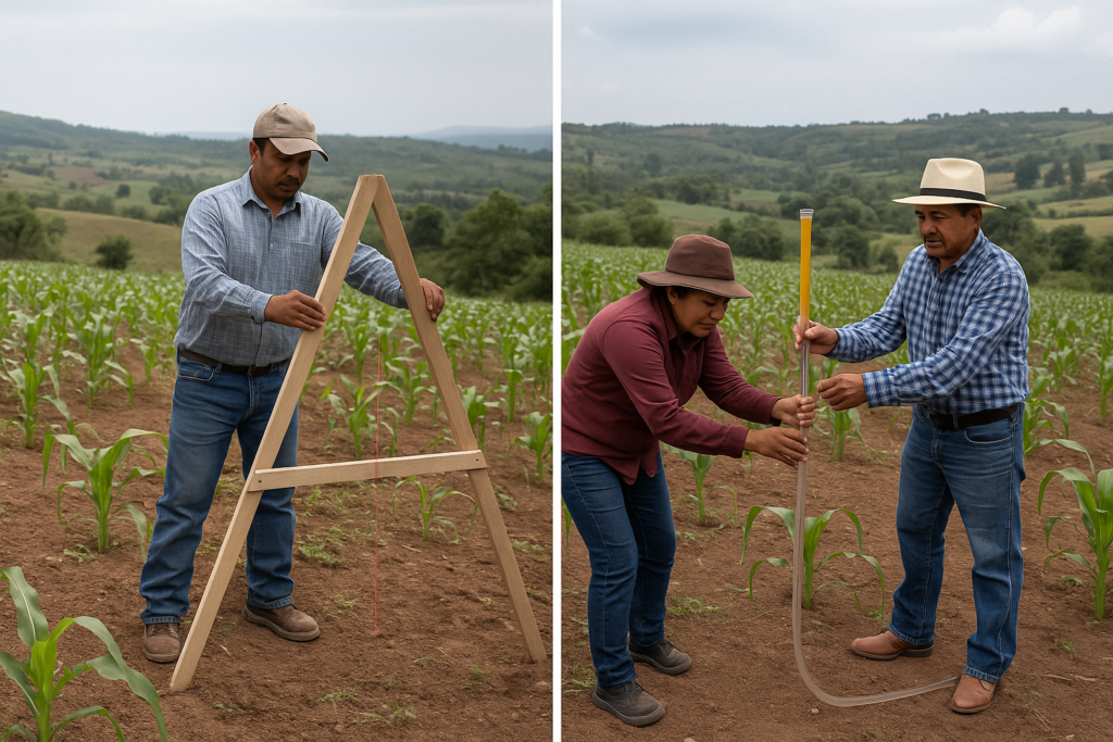 Productores miden la pendiente del terreno utilizando el aparato ‘A’ y el nivel de manguera, herramientas clave para definir el ancho del módulo MIAF y trazar curvas a nivel que ayudan a conservar el suelo y el agua. (Foto: Open AI, ChatGPT)