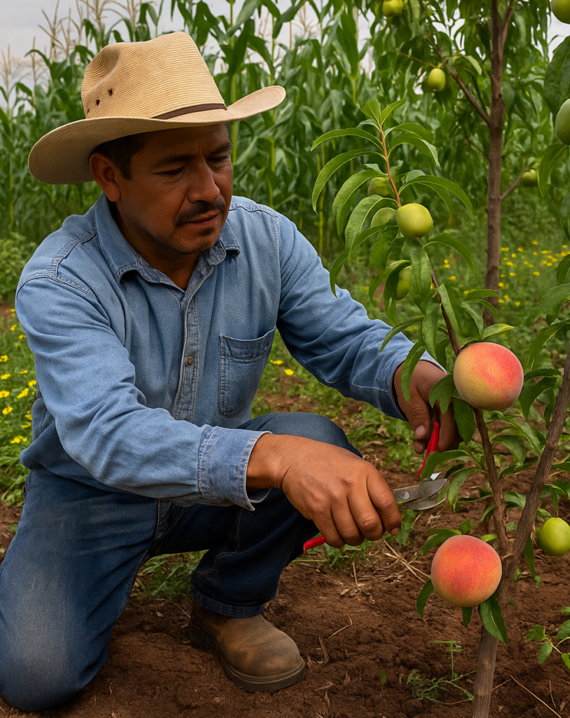 Productor poda un árbol frutal en un sistema MIAF, favoreciendo un mejor desarrollo y la obtención de frutas de valor comercial como el durazno, en asociación con cultivos de milpa. (Foto: Open AI, ChatGPT)
