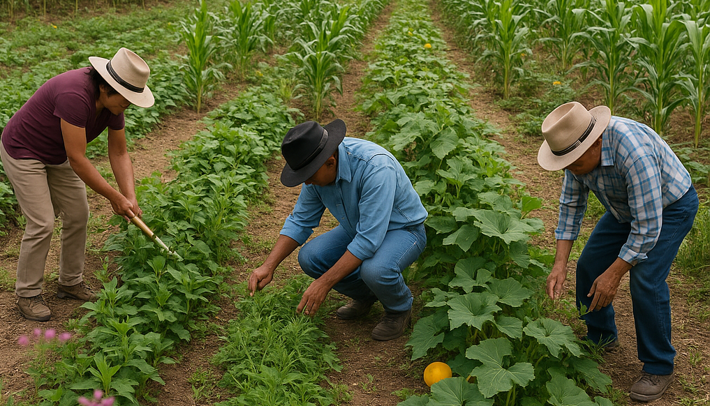 Productores realizan labores de mantenimiento en una milpa diversificada con franjas de maíz, frijol, calabaza y quelites, promoviendo la biodiversidad y la salud del suelo dentro de un sistema MIAF. (Foto: Open AI, ChatGPT)