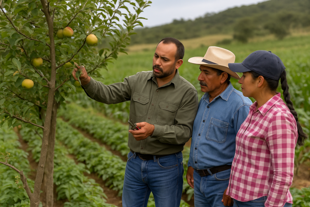 Técnico agrícola asesora a productores en campo durante la revisión de un árbol frutal. (Foto: Open AI, ChatGPT)