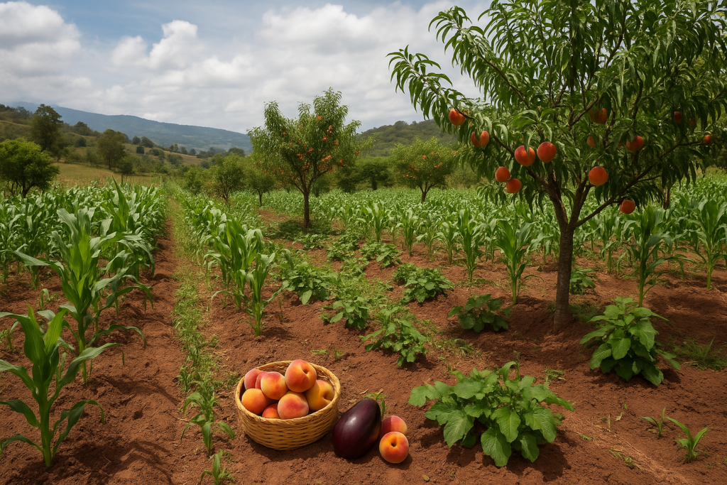 Parcela consolidada en producción con árboles frutales y milpa en diferentes estadios de desarrollo, mostrando la integración del sistema MIAF con el paisaje local. Al frente, cosecha de frutas listas para autoconsumo o venta en el mercado. (Foto: Open AI, ChatGPT)