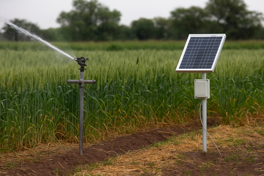 Riego tecnificado y monitoreo de humedad en cebada con sensores solares. (Foto: Open Ai, Chat GPT)
