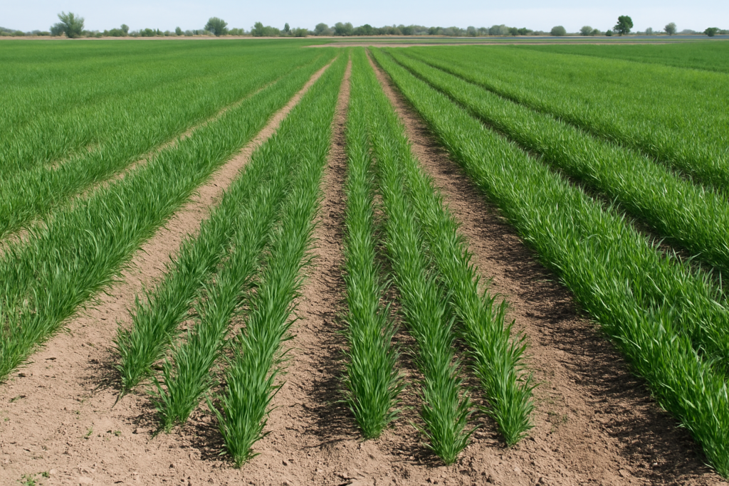 Camas anchas con siembra en doble hilera: distribución eficiente para reducir insumos y mejorar el desarrollo del cultivo. (Foto: Open AI, ChatGPT)