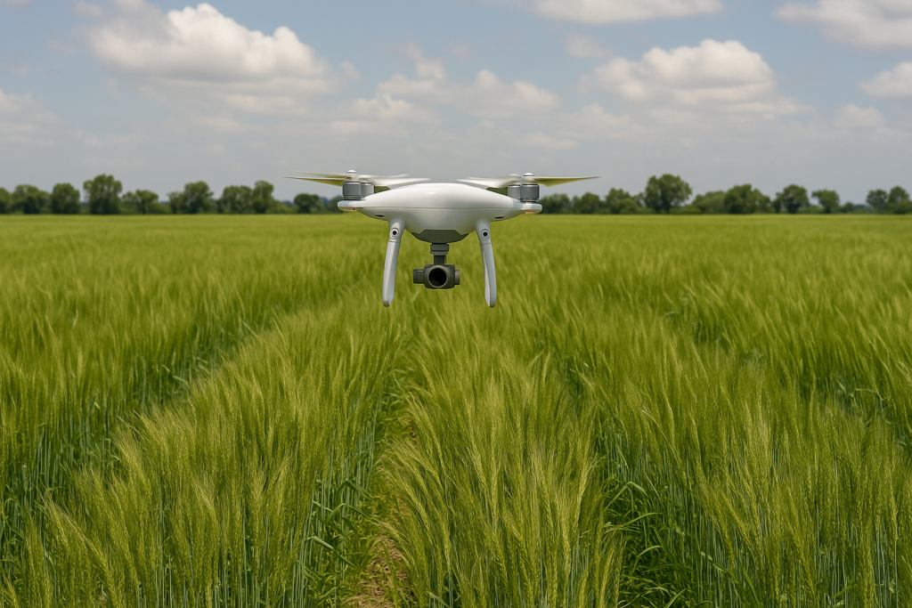 Monitoreo con dron en campo de cebada: detección oportuna de deficiencias para una agricultura de precisión. (Foto: Open AI, ChatGPT)