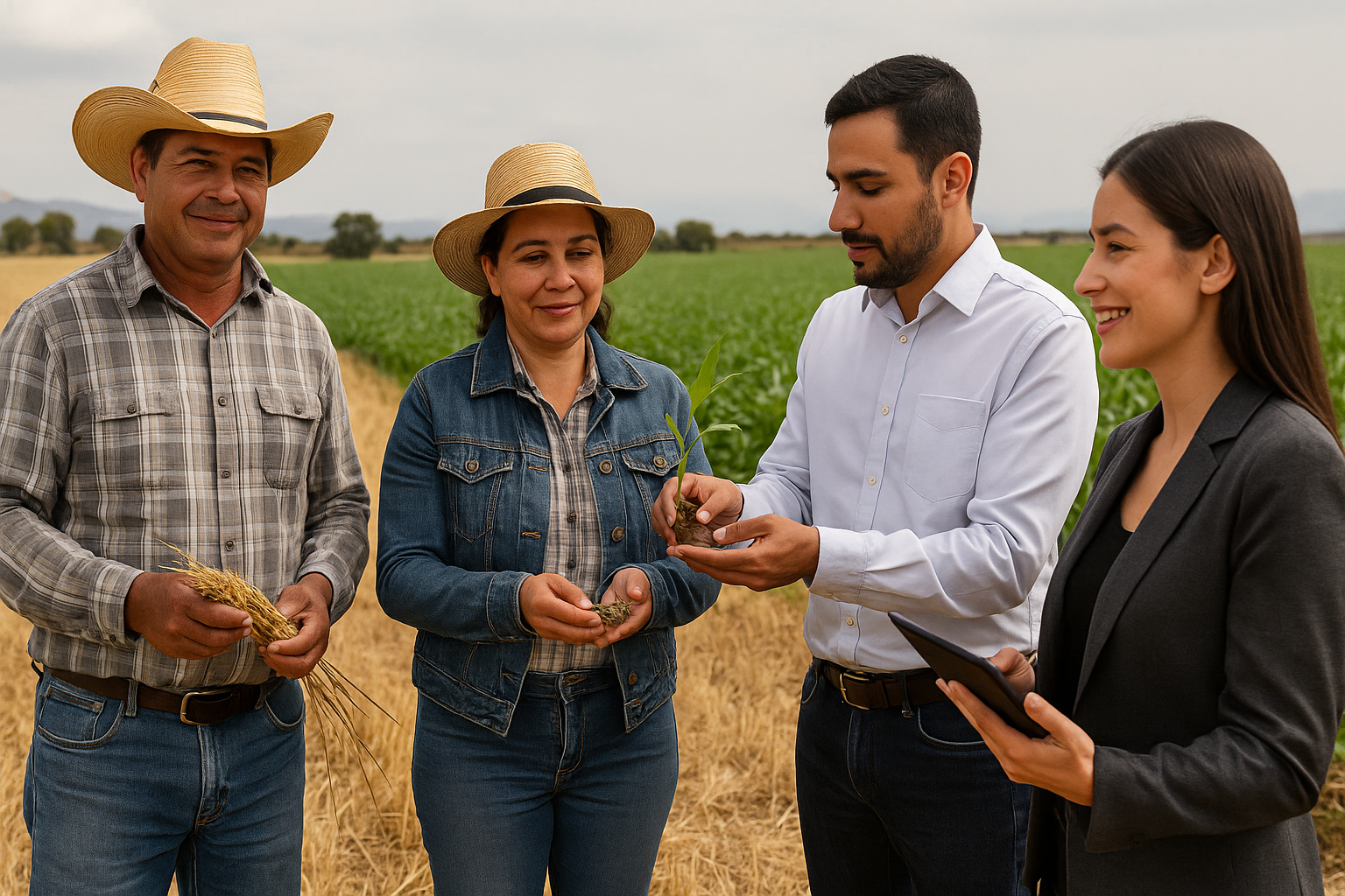 Productores y representantes del sector agroalimentario colaboran en el campo para fortalecer las cadenas de valor mediante prácticas de agricultura regenerativa, como parte del modelo de abastecimiento responsable impulsado por CIMMYT. (Foto: Open AI, ChatGPT)