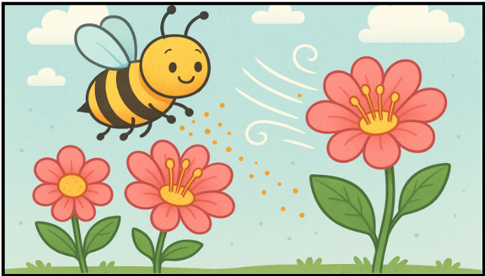 ¡La abeja y el viento llevanel polen a otras flores! (Imagen: Open AI, ChatGPT)