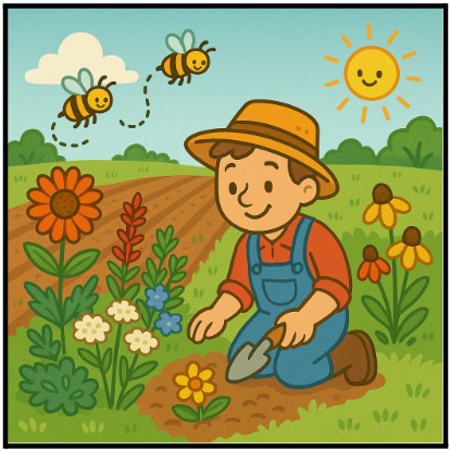 Este agricultor siembra flores alrededor de su campo para atraer a los polinizadores. (Imagen: Open AI, ChatGPT)