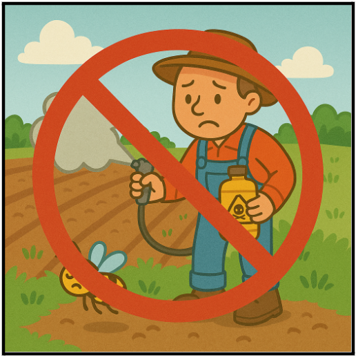 Este agricultor usa agroquímicos que, sin querer, pueden hacerle daño a los polinizadores. (Imagen: Open AI, ChatGPT)
