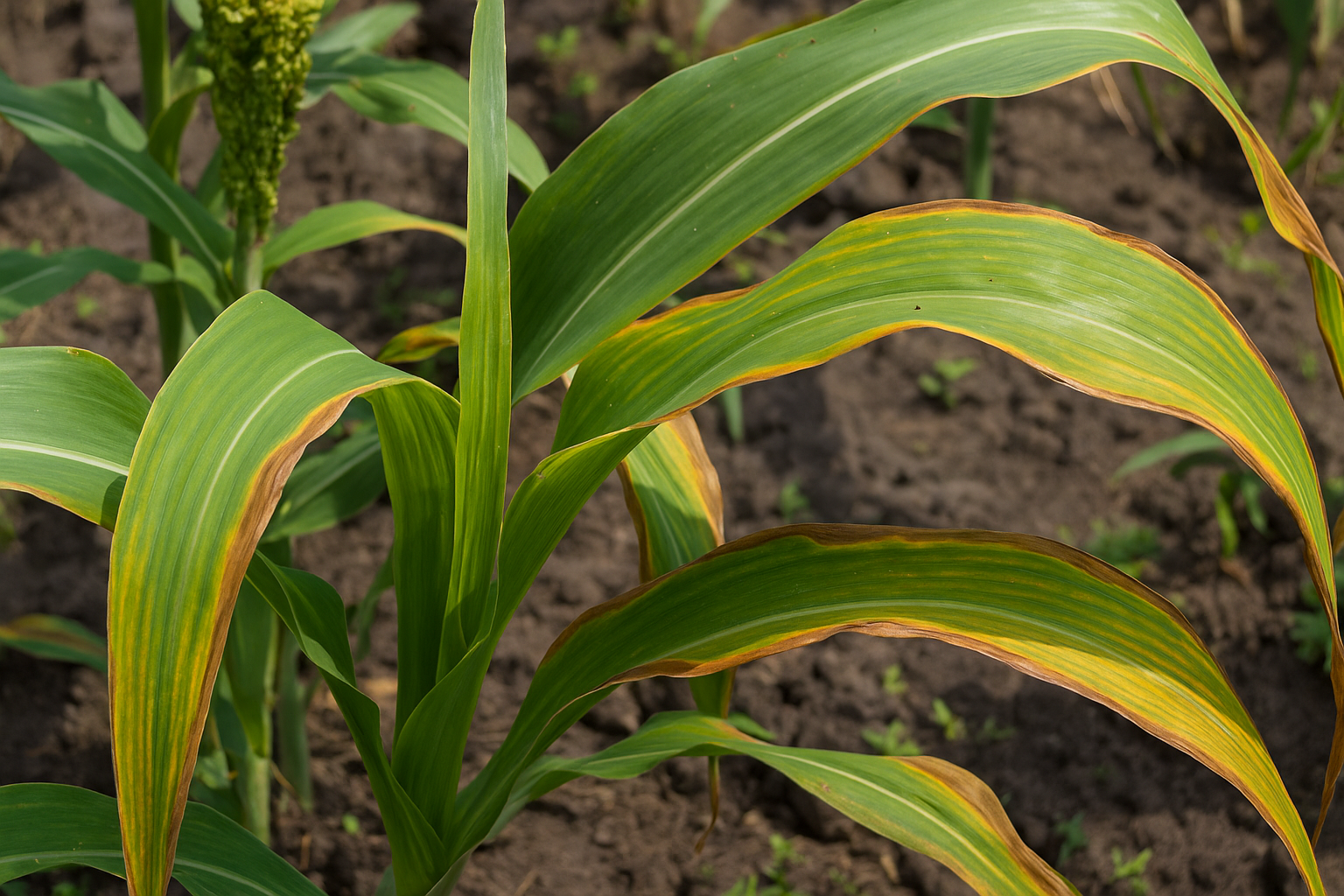 Cultivo de sorgo con deficiencia de potasio. Las hojas viejas presentan clorosis marginal amarilla que progresa hacia necrosis en las puntas, con tejidos que se secan desde los bordes hacia el centro. (Foto: Open AI, Chat GPT)