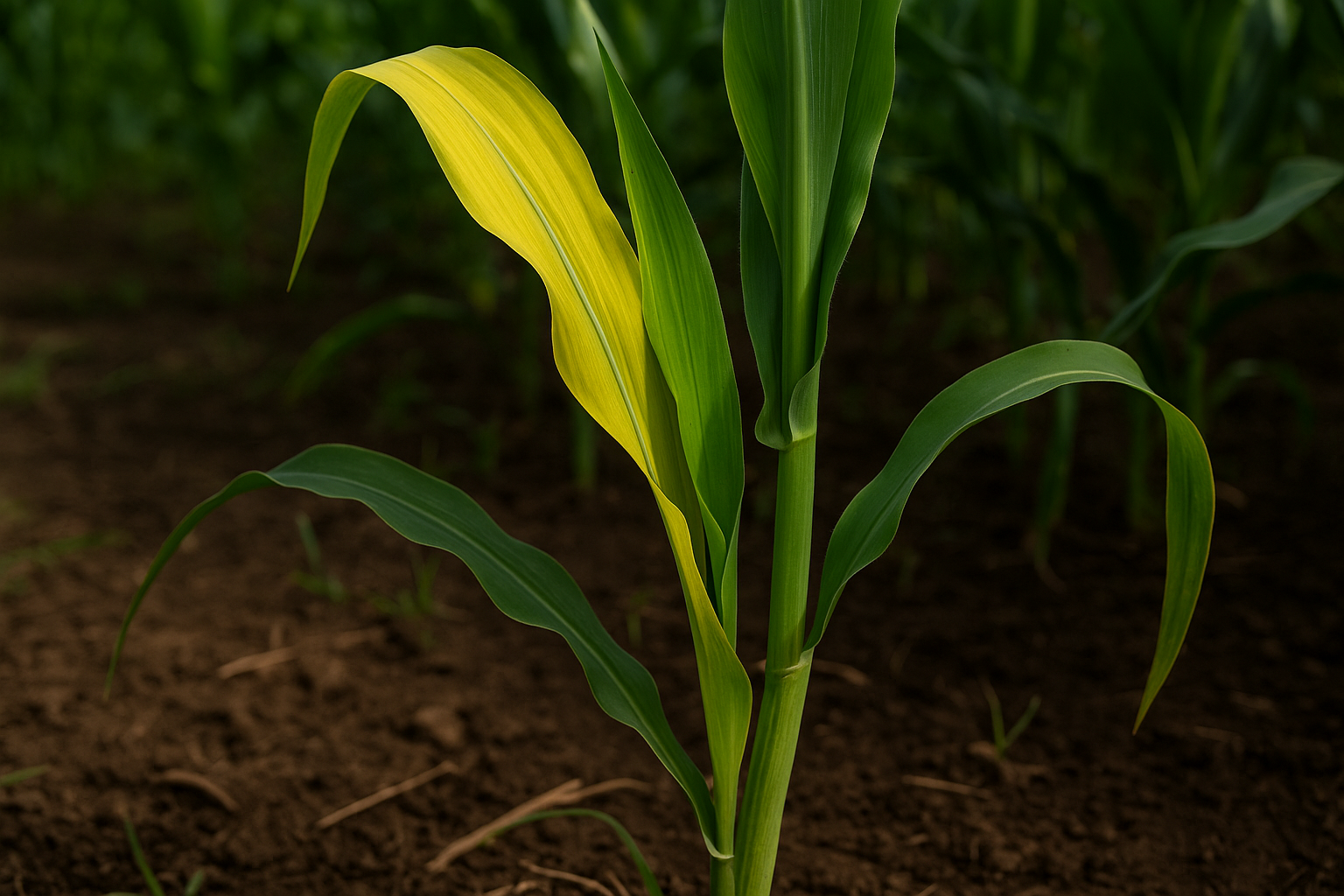 Planta joven de sorgo con deficiencia de azufre. Se aprecia una clorosis generalizada en las hojas nuevas, con una tonalidad amarillo claro uniforme y nervaduras apenas visibles, típica de esta deficiencia. (Foto: Open AI, ChatGPT)