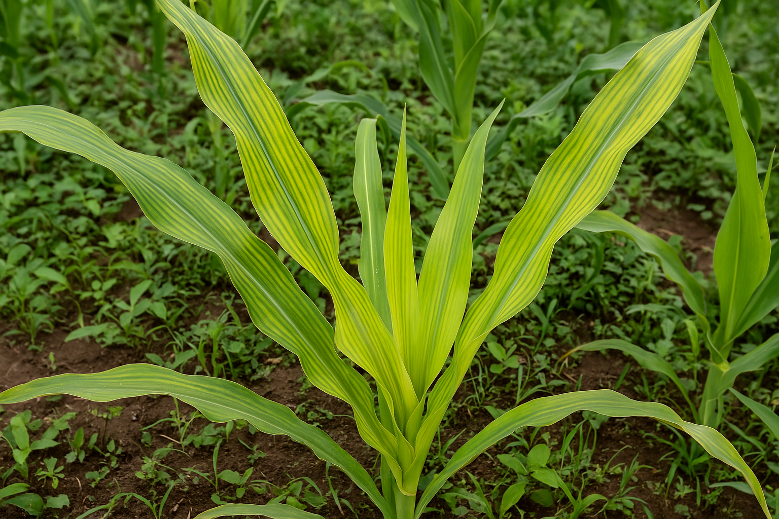 Planta joven de sorgo con deficiencia de hierro. Se observa clorosis intervenal en las hojas nuevas: el tejido entre las nervaduras se torna amarillo mientras las nervaduras permanecen verdes. (Foto: Open AI, ChatGPT)