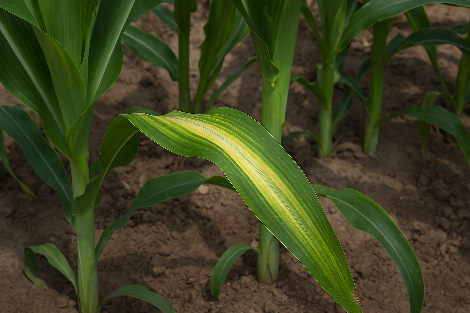 Hoja joven de sorgo con deficiencia de zinc. Se observa una banda blanca a lo largo de la nervadura central, mientras que los márgenes permanecen verdes, una señal característica de esta deficiencia. (Foto: Open AI, ChatGPT)