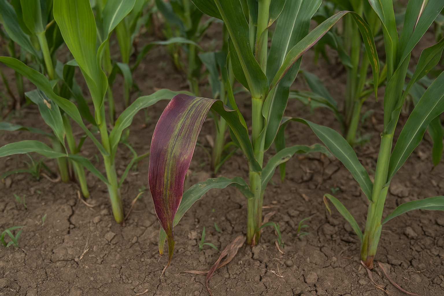 Hojas de sorgo con deficiencia de fósforo. Se observa una coloración morada intensa en los márgenes de las hojas viejas, signo característico que indica baja disponibilidad del nutriente en el suelo. (Foto: Open AI, ChatGPT)