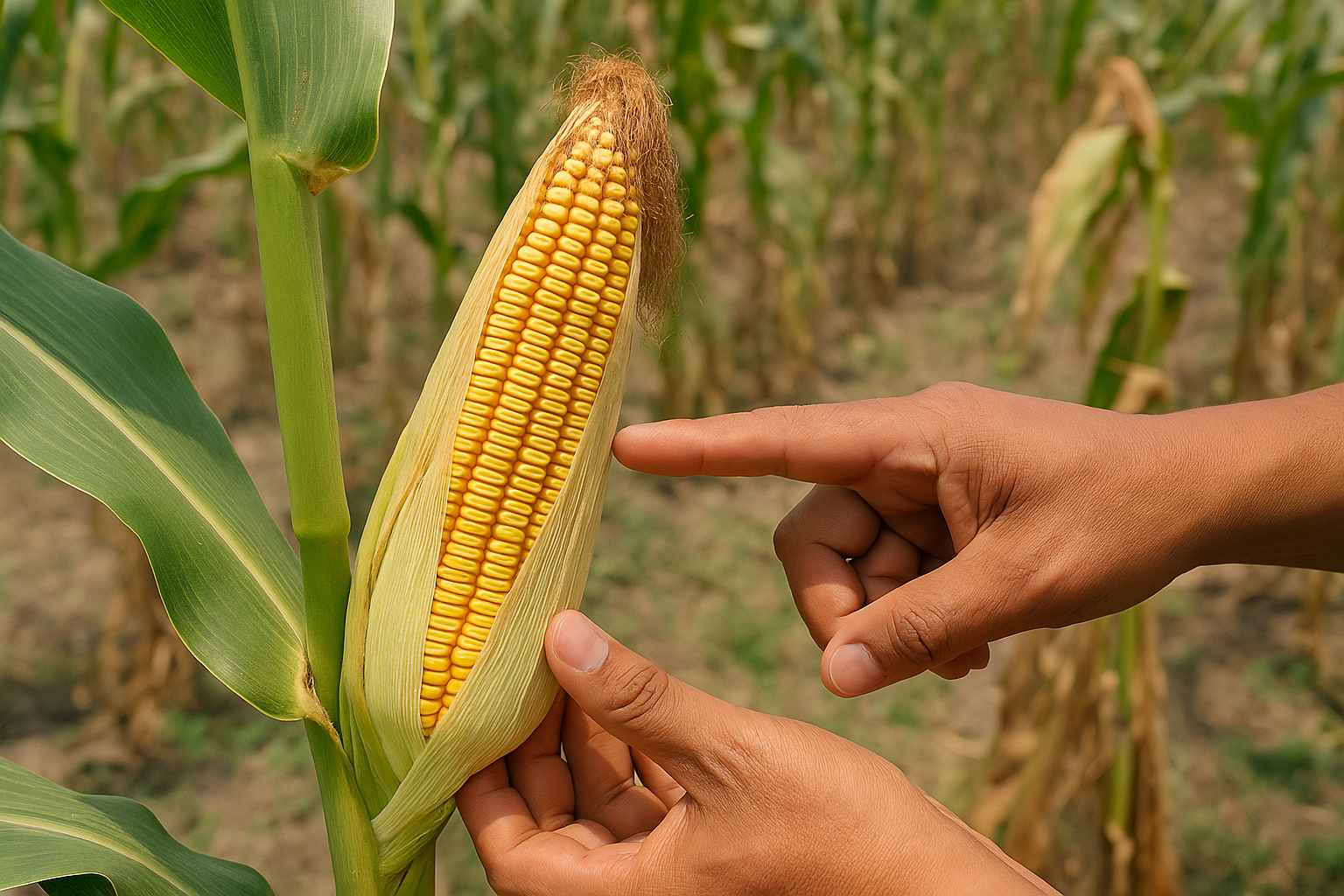 Un productor identifica en campo las características que desea mejorar en su maíz: el primer paso del mejoramiento participativo. (Foto: Open AI, ChatGPT)