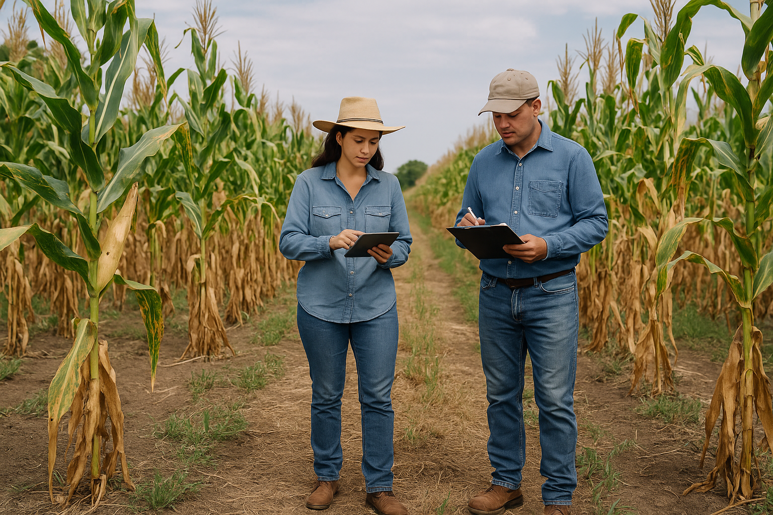 Dos productores revisan el interior de la parcela para identificar plantas representativas, y evitan la selección de las orillas donde es más común la polinización cruzada. (Foto: Open AI, ChatGPT)