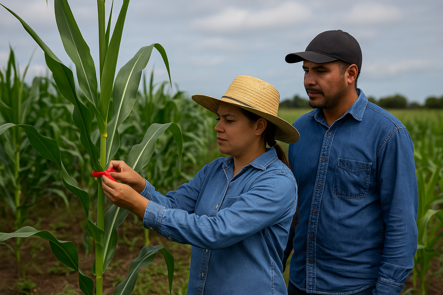 Dos productores seleccionan en campo una planta de maíz vigorosa antes de la floración, marcándola con una cinta roja para identificarla al momento de la cosecha. (Foto: Open AI, Chat GPT)