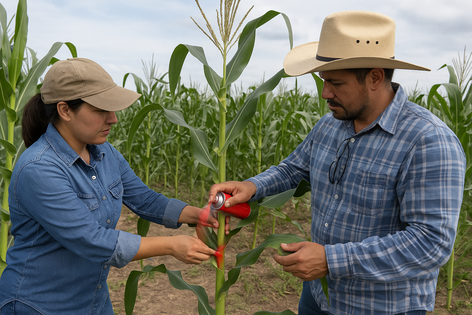 Una productora y un productor marcan con pintura roja una planta de maíz sana antes de la floración, para asegurar su identificación para el proceso de selección en campo. (Foto: Open AI, ChatGPT)