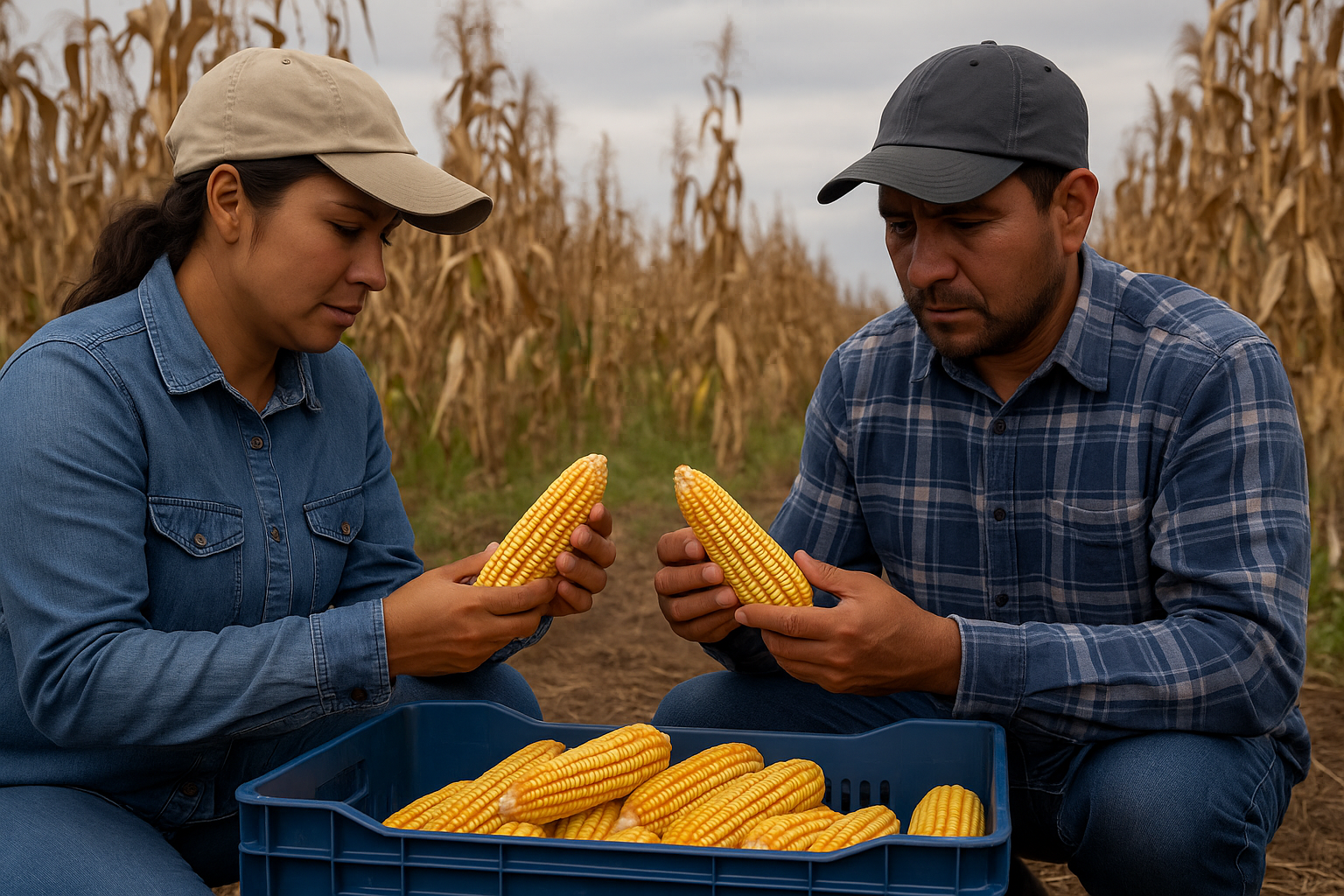 Una productora y un productor seleccionan las mejores mazorcas de maíz para semilla, resguardándolas en un recipiente para el siguiente ciclo de siembra. (Foto: Open AI, ChatGPT)