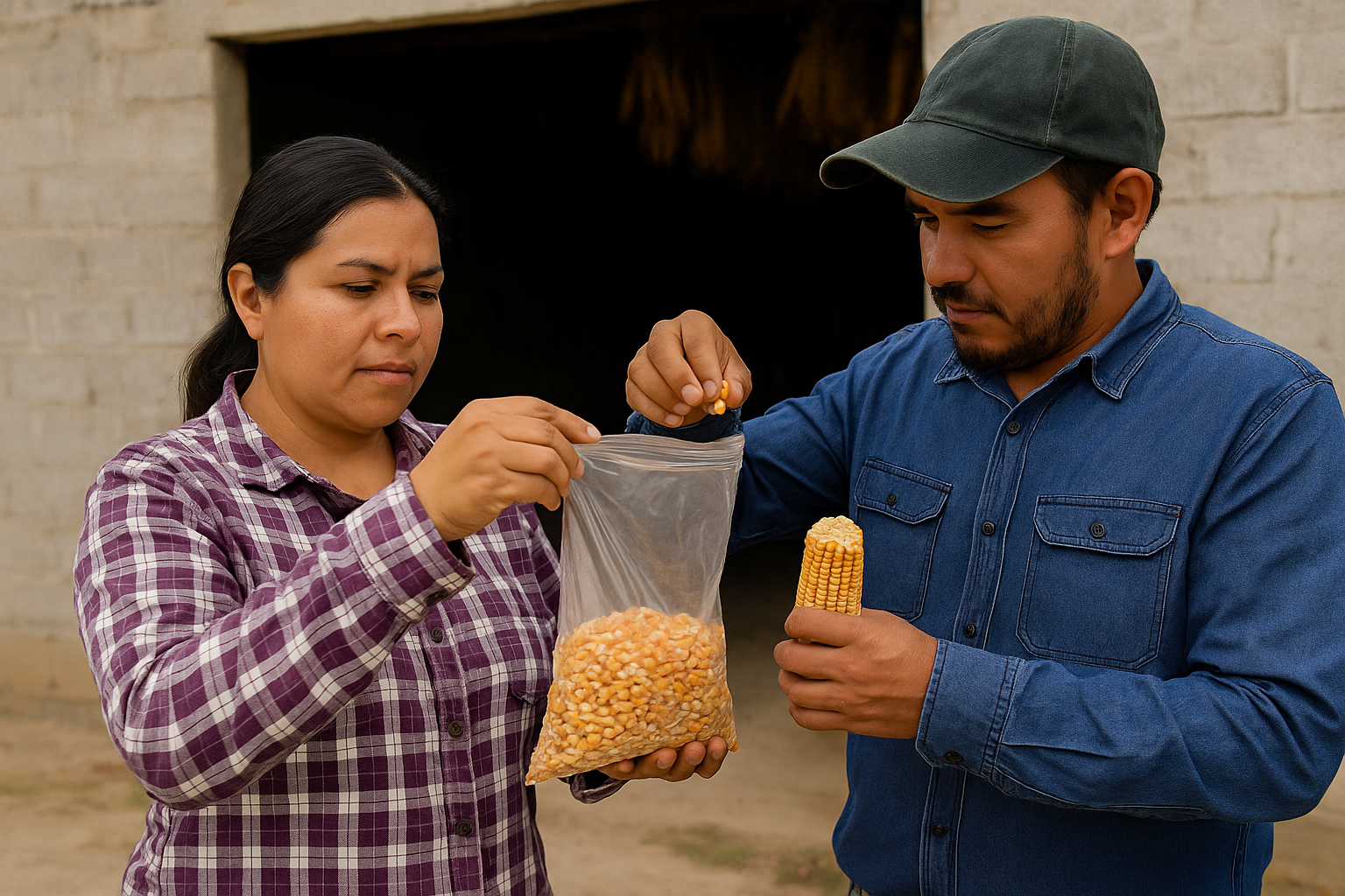 Una productora y un productor guardan semilla de maíz como respaldo, asegurando conservar los avances logrados en cada ciclo frente a posibles pérdidas por sequía o plagas. (Foto: Open AI, ChatGPT)