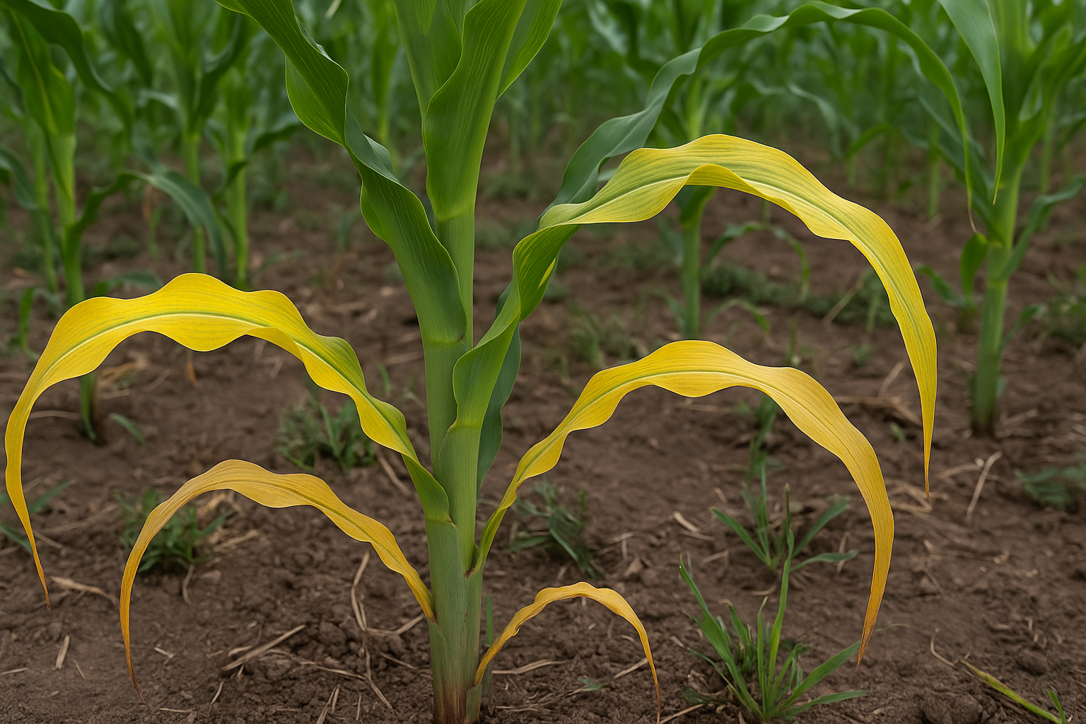 Planta de maíz con deficiencia de nitrógeno. Las hojas basales muestran clorosis amarilla en forma de “V” desde la punta hacia la base, síntoma característico que afecta primero a las hojas más viejas. (Foto: Open AI, ChatGPT)
