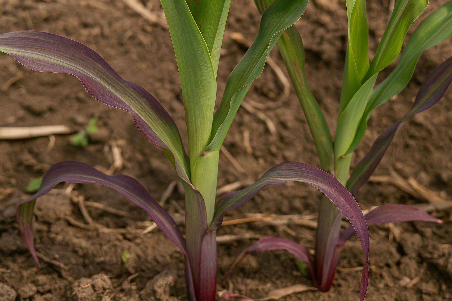 Planta de maíz con deficiencia de fósforo. Las hojas inferiores presentan una coloración púrpura intensa a lo largo de los márgenes, síntoma característico que aparece en etapas tempranas del desarrollo. (Foto: Open AI, ChatGPT)