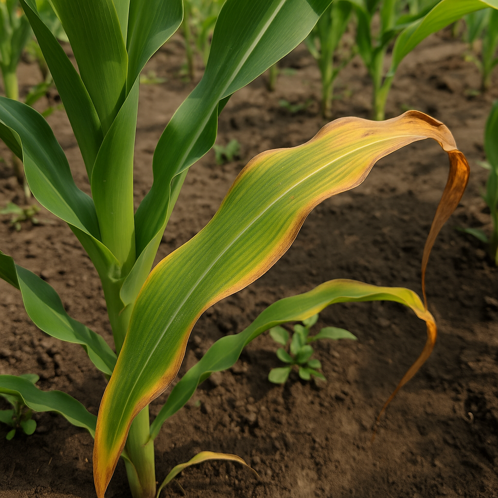 Hoja de maíz con deficiencia de potasio. Se observa clorosis amarilla en los bordes y necrosis en la punta, comenzando en las hojas más viejas y avanzando hacia la base. (Foto: Open AI,ChatGPT)