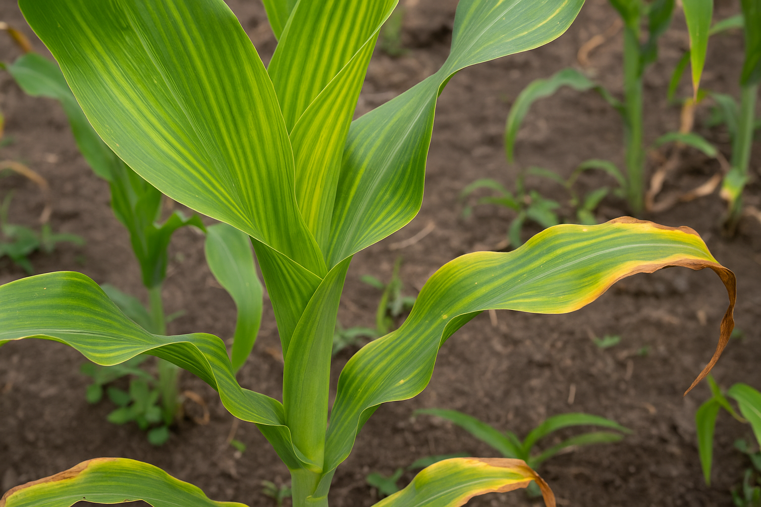 Planta de maíz con deficiencia de magnesio. Las hojas viejas muestran clorosis intervenal amarilla, mientras las nervaduras permanecen verdes. En estados avanzados, se observa necrosis en los márgenes. (Foto: Open AI, ChatGPT)