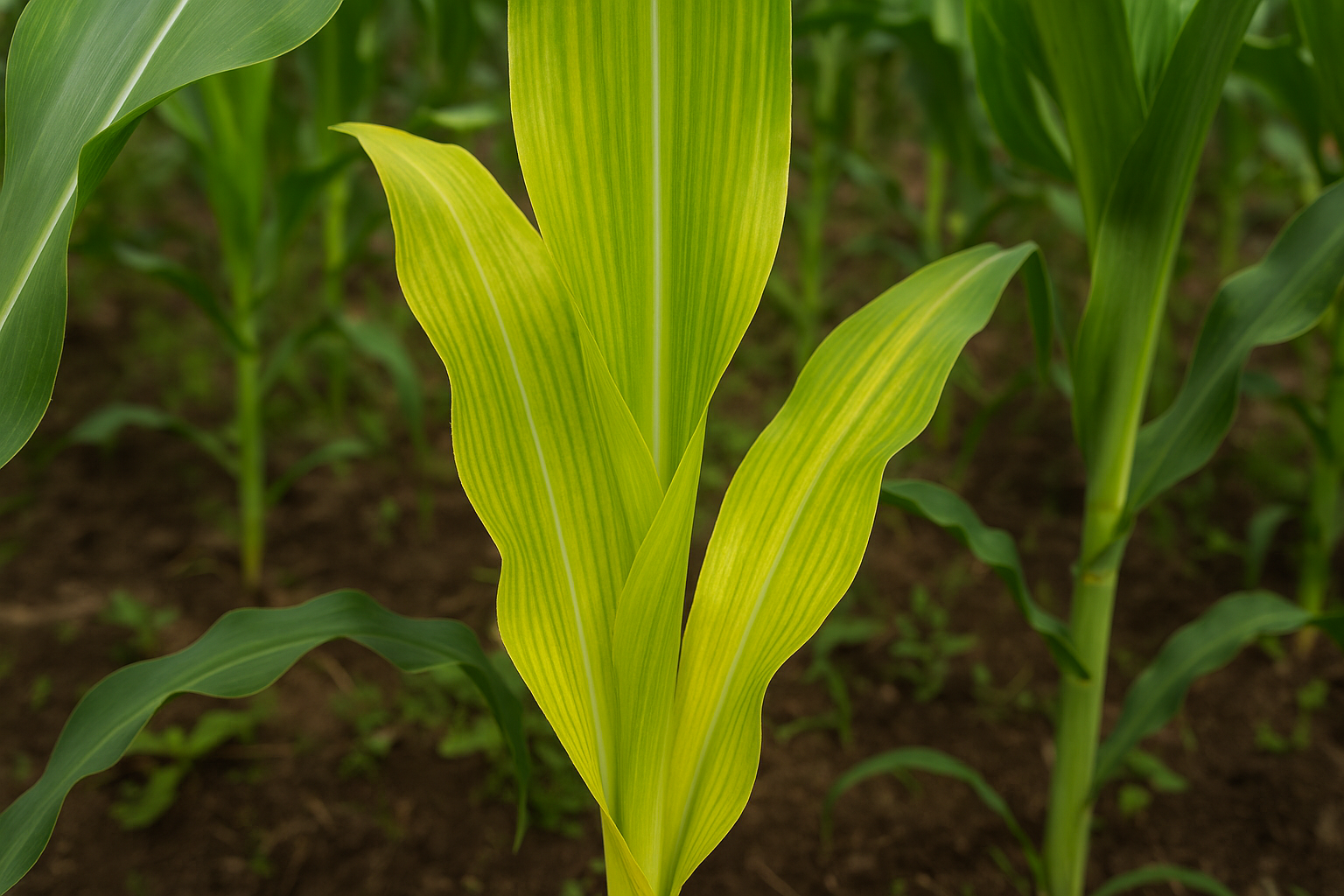 Planta de maíz con deficiencia de azufre. Las hojas jóvenes presentan una coloración amarillo pálido uniforme, incluyendo las nervaduras, a diferencia de otras deficiencias que inician en hojas viejas. (Foto: Open AI, ChatGPT)