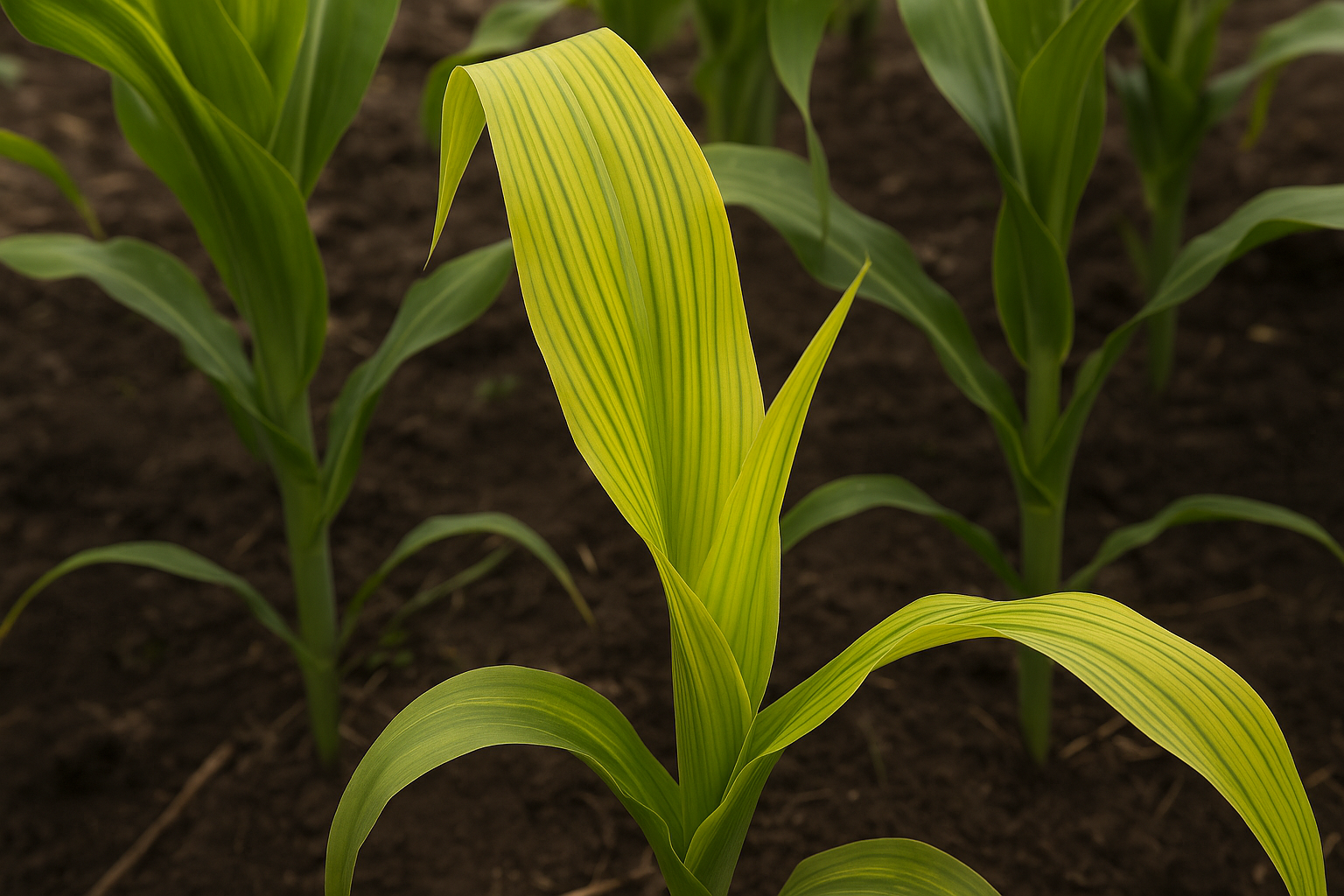 Planta de maíz con deficiencia de hierro. Las hojas jóvenes presentan clorosis intervenal, donde las nervaduras se mantienen verdes y prominentes, mientras el tejido entre ellas se torna amarillo. (Foto: Open AI, ChatGPT)