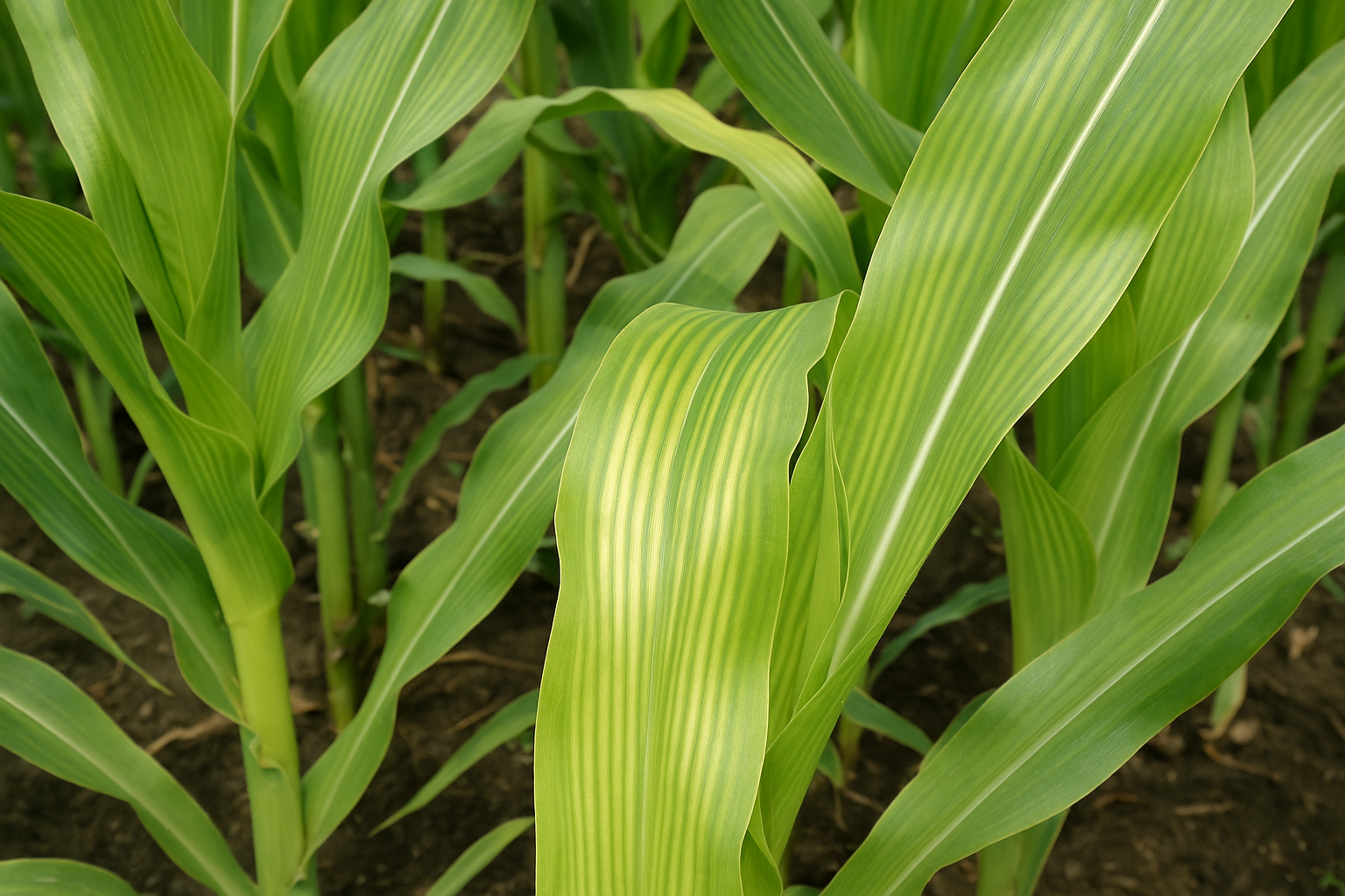 Planta de maíz con deficiencia de manganeso. Las hojas jóvenes presentan clorosis intervenal clara, con nervaduras verdes prominentes. En estados avanzados puede observarse moteado blanco o necrosis entre venas. (Foto: Open AI, ChatGPT)
