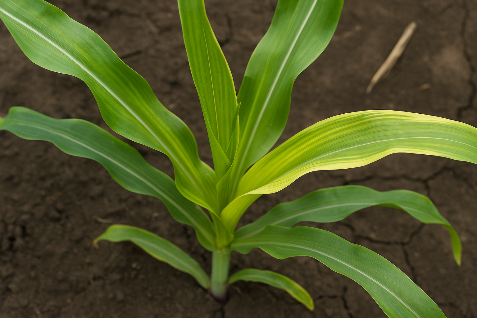 Planta de maíz con deficiencia de zinc. Las hojas jóvenes presentan bandas de clorosis intervenal junto a la nervadura central, mientras los bordes permanecen verdes. Este patrón es característico en etapas tempranas del cultivo. (Foto: Open AI, ChatGPT)