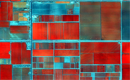 False-color image of the CIMMYT-Obregon station captured from the multispectral camera at 1-meter resolution on 15 February 2013. Plots with dense vegetation are shown in red, the north-south road on the left is N. E. Borlaug, the east-west road in the middle of the image divides the 710 and 810 blocks.