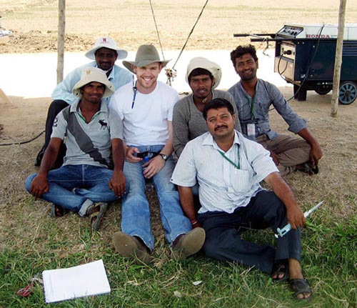 Alex Renaud (middle) with CIMMYT-Hyderabad field staff. Photo: By Alex Renaud