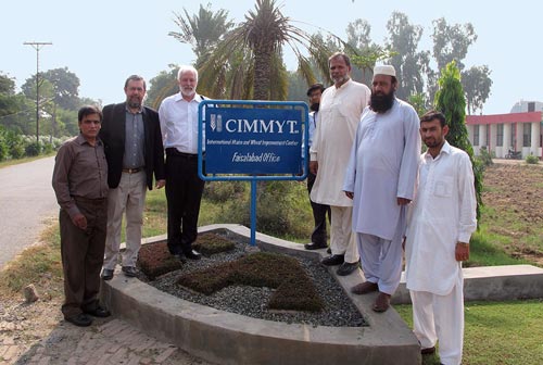 CIMMYT Faisalabad Office (left-right): Dr, Imtiaz Muhammed, Country Liaison Officer, CIMMYT Pakistan; Dr. Etienne Duveiller, South Asia Regional Director, CIMMYT; Dr. Thomas Lumpkin, Director General, CIMMYT; Dr. Javed Ahmad, Wheat Botanist, Wheat Research Institute WRI Faisalabad; Dr. Makhdoom Hussain, Director, Wheat Research Institute WRI Faisalabad; Mr. Abdul Hamid, CIMMYT Faisalabad; Mr. Muhammad Noor, CIMMYT Faisalabad. Photo by Miriam Shindler.