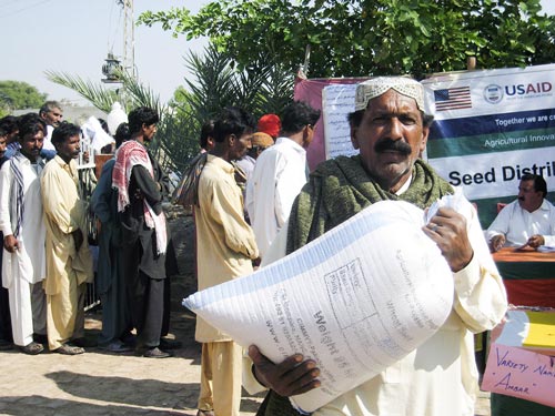 A Pakistani farmer carries seed of a new wheat variety for on-farm testing. Photo: Anju Joshi/CIMMYT