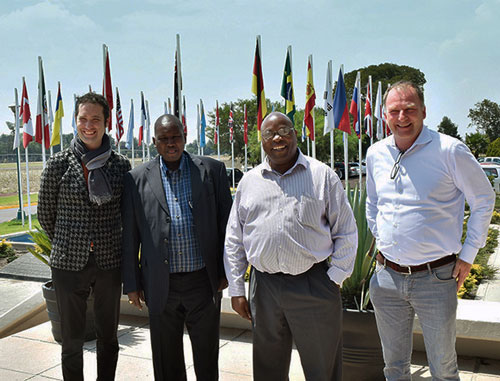 Taking a break to capture the moment on camera. Left to right: Bram Govaerts, Associate Director of the Global Conservation Agriculture Program and leader of MasAgro, Eliud Kireger, Stephen Mugo and Victor Kommerell, Program Manager-WHEAT. Photo: CIMMYT Files