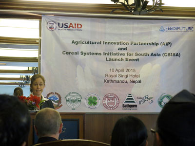 Beth Dunford, Mission Director, USAID Nepal, giving welcome remarks at the CSISA-NP new phase launch. Photo: Anuradha Dhar/CIMMYT