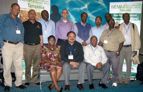 The CIMMYT team at the WEMA meeting. Back row, left to right: Yoseph Beyene, Kassa Semagn, Lewis Machida, Jarett Abramson, Mosisa Regasa, Tadele Tefera, Bruce Anani and Amsal Tarekegne. Front row, left to right: Vongai Kandiwa, B.M. Prasanna, Stephen Mugo and James Gethi.