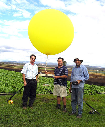 The way it was in 2007. Troy Jensen and Amjed Hussain of the University of Southern Queensland, utilizing a helium-filled balloon for aerial imagery of a cabbage research trial in SE Queensland. Photo: Troy Jensen