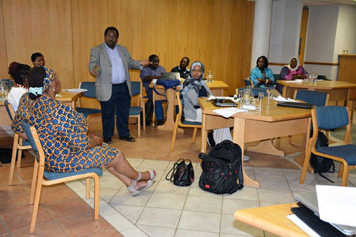 El líder de SIMILESA Mulugeta Mekuria recalca uno de los puntos del temario durante taller en Sudáfrica. Foto: Johnson Siamachira/CIMMYT