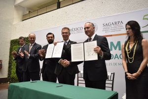 CIMMYT Director General Martin Kropff and Mexico’s Secretary of Agriculture, José Eduardo Calzada Rovirosa display the signed agreement. Photo: CIMMYT.