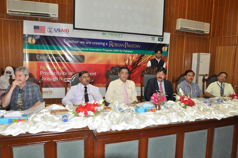 (L-R) Mark Bell (UC Davis), UAAR representative, Imtiaz Muhammad (CIMMYT), Rai Niaz, Vice Chancellor PMAS-UAAR, UAAR representative, UAAR representative. Photo: PMAS-UAAR.