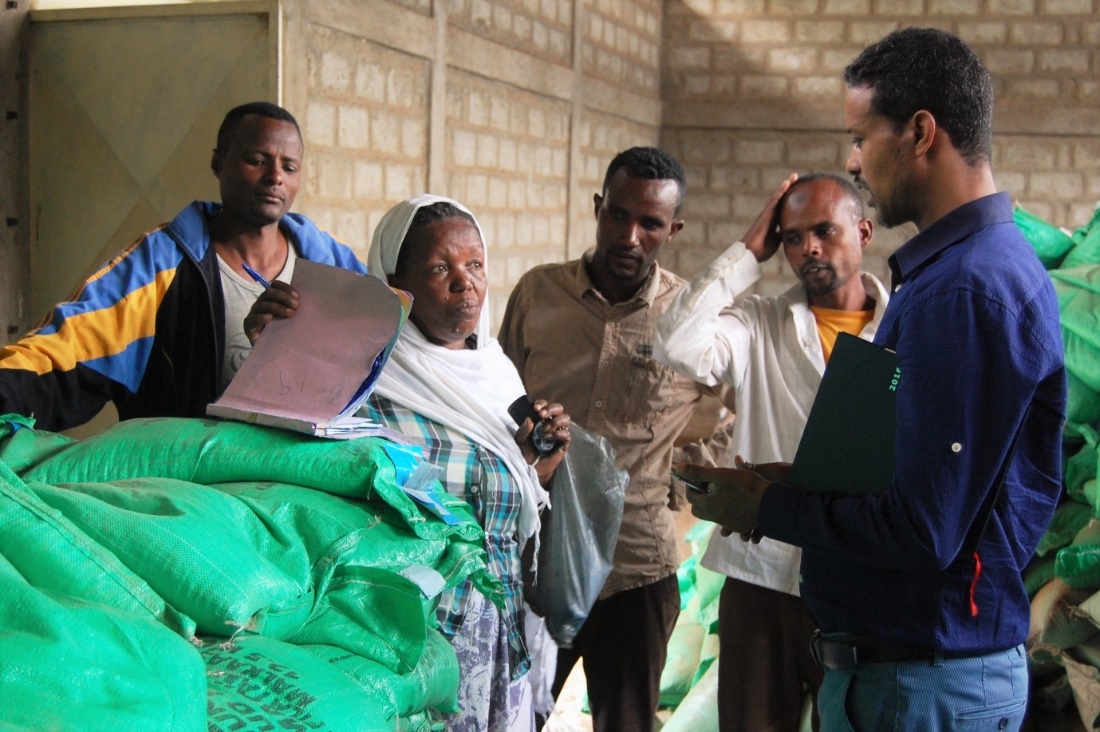 In Zewai Dugda, storekeeper Embete Habesha discusses her store records with Tadele Asfaw, CIMMYT-Ethiopia program management officer and member of the Seed Procurement Committee for the emergency seed project funded by USAID. Photo: E.Quilligan/CIMMYT