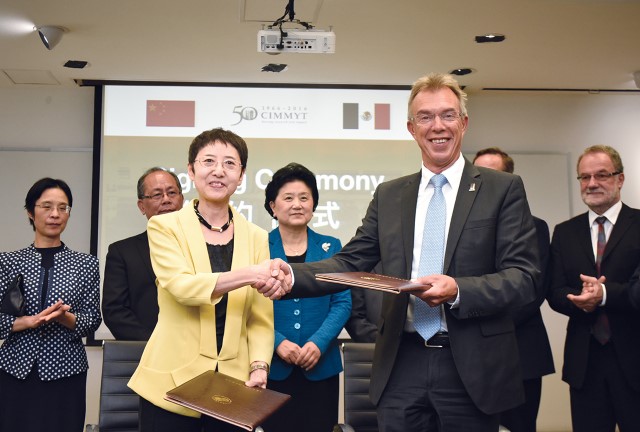 Secretary General of the Chinese Scholarship Council Liu Jinghui (left) with CIMMYT Director General Martin Kropff during the signing of the Memorandum of Understanding to train 10 PhD and Postdoc students at CIMMYT each year. Photo: A. Cortes/CIMMYT