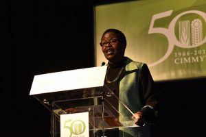 Lindiwe Majele Sibanda of FANRPAN delivers a presentation at the CIMMYT 50th anniversary conference. CIMMYT/Alfonso Cortes