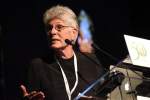 said Shelley Feldman, the recently retired director of feminist, gender and sexuality studies at the Polson Institute for Global Development at Cornell University, gives a keynote speech on gender balance in agriculture at CIMMYT's 50th anniversary conference. CIMMYT/Alfonso Arredondo.