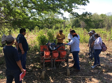 A technician learns how to operate a two-wheeled tractor. Technicians working with CIMMYT will perform field trials evaluating the efficiency of equipment like this in their work areas. Photo: J. Van Loon/CIMMYT