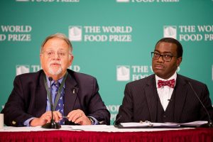 2002 World Food Prize laureate, Pedro Sanchez, a professor at the University of Florida and Akinwumi Adesina, 2017 World Food Prize laureate and president of the African Development Bank speak about fall armyworm at a press conference on the sidelines of the 2017 Borlaug Dialogue conference in Des Moines, Iowa. Credit: World Food Prize