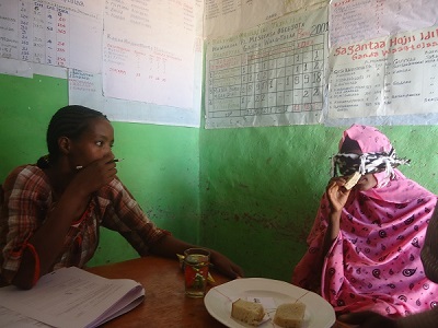 A blindfolded woman panelist performing a triangular test to differentiate dabbo samples made from different maize varieties. Photo: CIMMYT